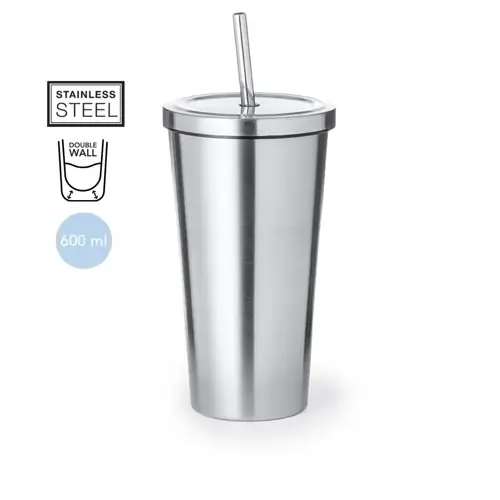 Vaso térmico de acero inoxidable con tapa y pajita ref 20163 - 00