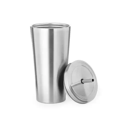 Vaso térmico de acero inoxidable con tapa y pajita ref 20163 - Plateado