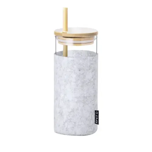 Vaso de cristal con funda RPET y pajita de bambú ref 20164 - Gris