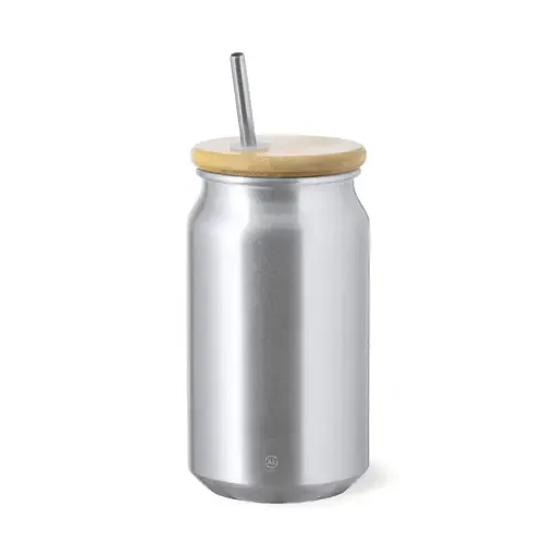 Vaso de Aluminio Reciclado con Tapón de Bambú ref 20208 - Plateado