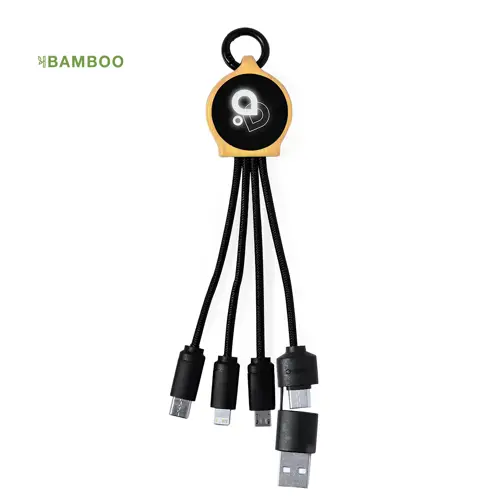 Cable cargador de bambú con luz led y conexiones múltiples ref 20285