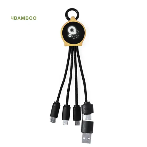 Cable cargador de bambú con luz led y conexiones múltiples ref 20285