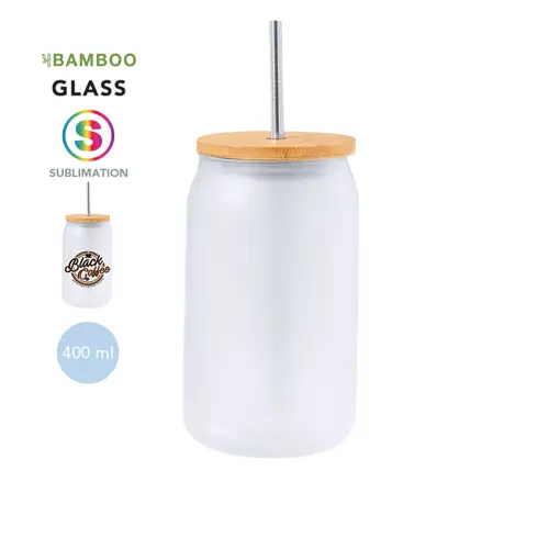 Tarro de sublimación cristal mate con tapa de bambú ref 20514