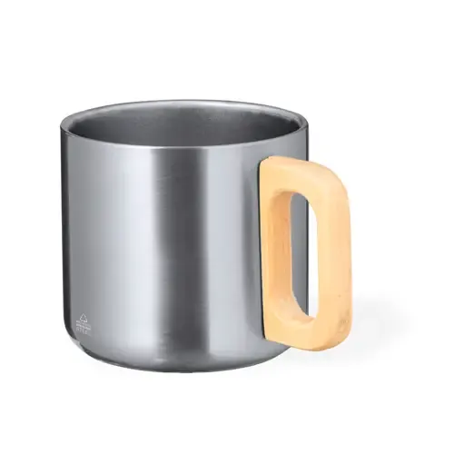 Taza de doble pared en acero reciclado con asa de madera ref 20703 - Plateado