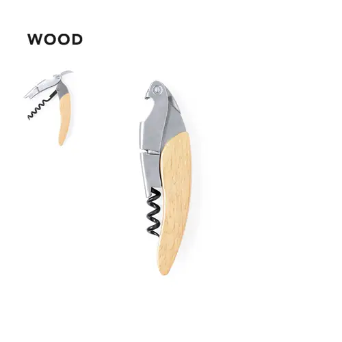 Sacacorchos de acero inox con mango de madera y cortacápsulas ref 20809