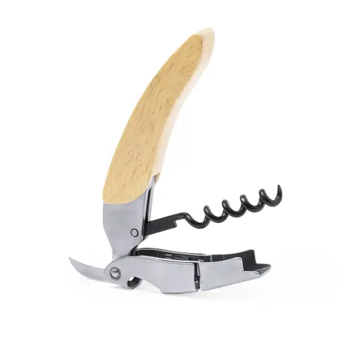 Sacacorchos de acero inox con mango de madera y cortacápsulas ref 20809