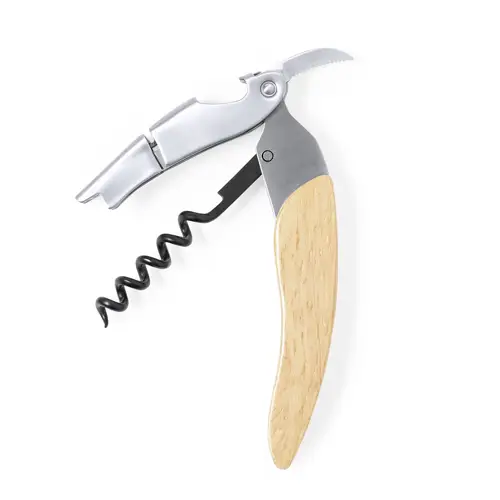 Sacacorchos de acero inox con mango de madera y cortacápsulas ref 20809