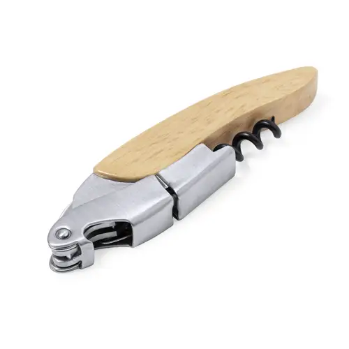 Sacacorchos de acero inox con mango de madera y cortacápsulas ref 20809
