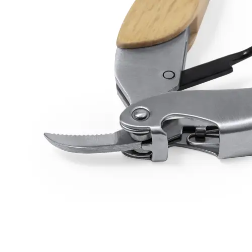 Sacacorchos de acero inox con mango de madera y cortacápsulas ref 20809