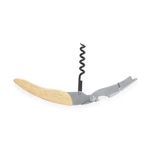 Sacacorchos de acero inox con mango de madera y cortacápsulas ref 20809