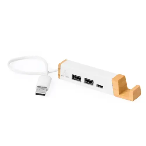 Puerto USB con soporte para smartphone de bambú reciclado ref 21208 - Blanco