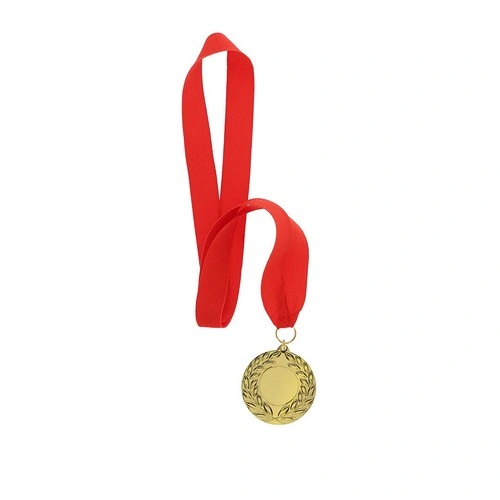 Medalla metálica dorada en relieve con cinta roja ref 21540