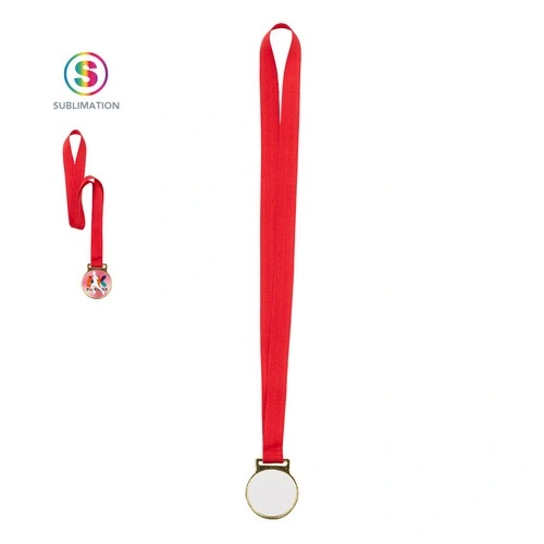Medalla metálica dorada para sublimación con cinta roja ref 21723