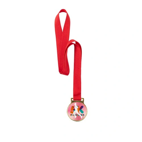 Medalla metálica dorada para sublimación con cinta roja ref 21723