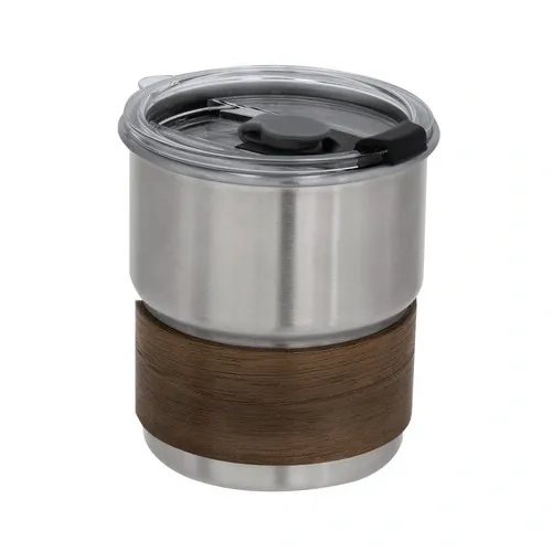 Vaso de acero inox con banda de madera y tapa dosificadora ref 21902 - Plateado
