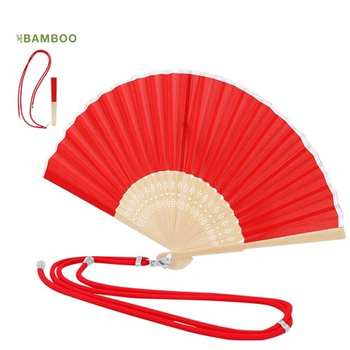 Abanico de poliéster con varillas de bambú y mosquetón ref 21907