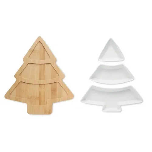 Bandeja de bambú en forma de árbol con platos de cerámica ref CX1502 - Open Blanco