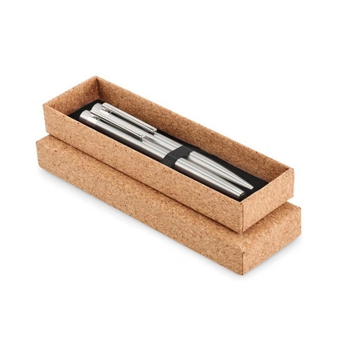 Set de bolígrafo y roller de acero reciclado en caja de corcho ref MO6795