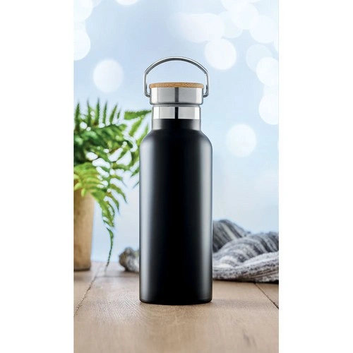 Botella acero inoxidable aislada al vacío con tapa bambú ref MO9431