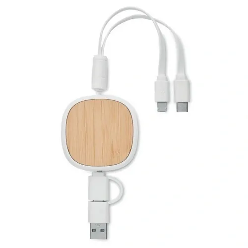 Cable de carga retráctil multiUSB con detalle de bambú ref MO2146 - Top Blanco