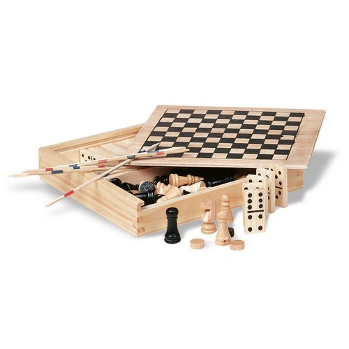 Caja de madera con 4 juegos dominó ajedrez damas ref KC2941
