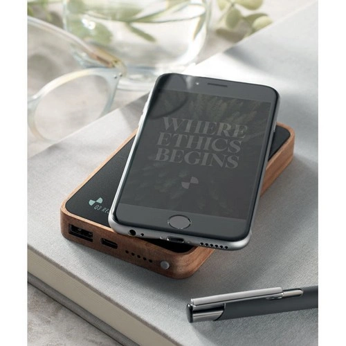 Cargador inalámbrico 15W y power bank de madera reciclada ref MO2185