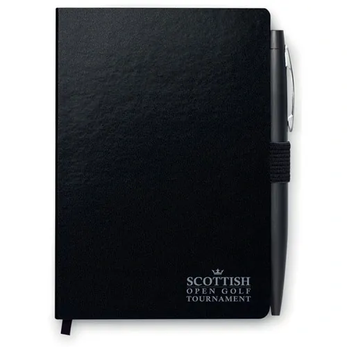 Libreta A5 tapa rígida con bolígrafo y marca páginas ref MO8108 - Printed Negro