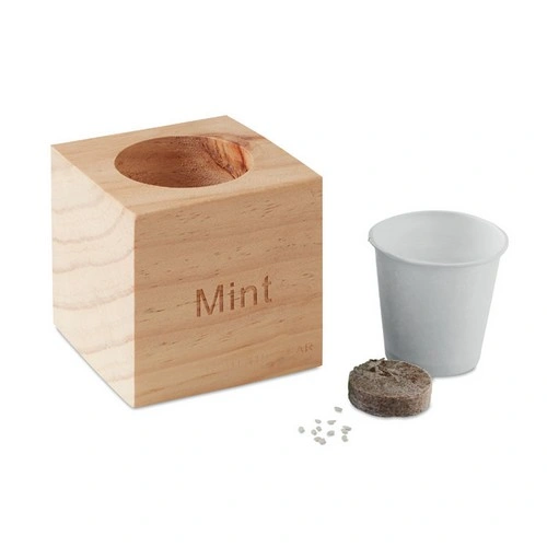 Maceta de menta en caja de madera con tableta de tierra ref MO9337