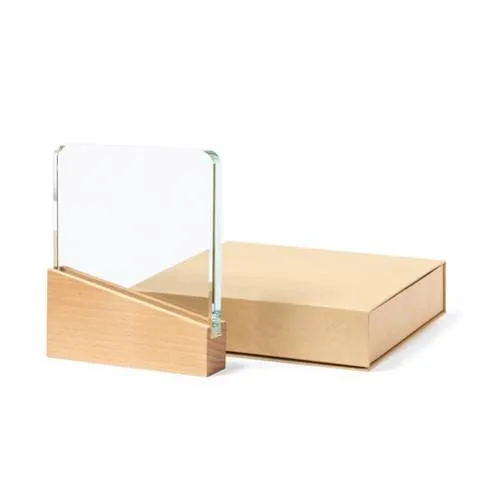 Placa conmemorativa de cristal resistente con base de madera ref 1546