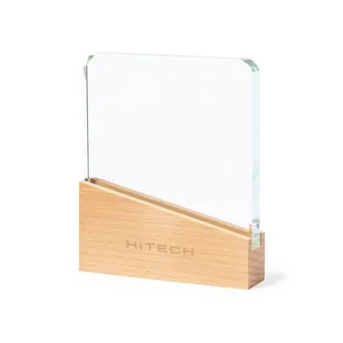 Placa conmemorativa de cristal resistente con base de madera ref 1546