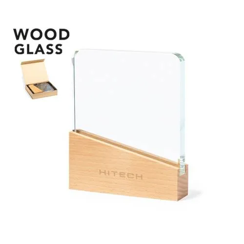 Placa conmemorativa de cristal resistente con base de madera ref 1546