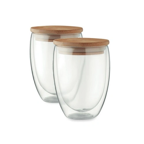Vasos de vidrio doble pared con tapa de bambú ref MO6739