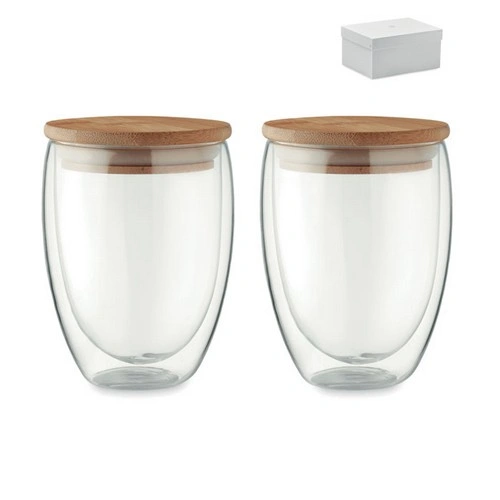 Vasos de vidrio doble pared con tapa de bambú ref MO6739