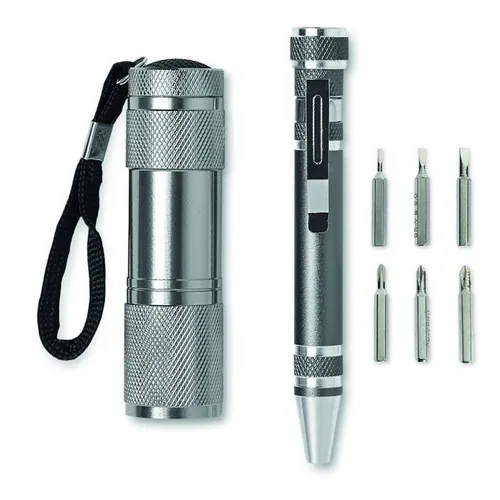 Set de linterna de 9 LED y bolígrafo con 6 cabezales ref MO8559 - Front Titanio