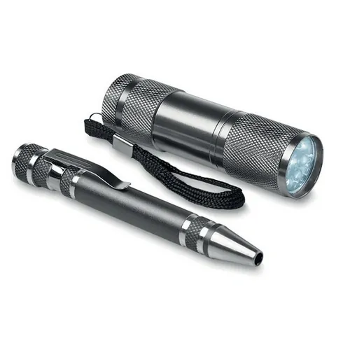 Set de linterna de 9 LED y bolígrafo con 6 cabezales ref MO8559 - Side Titanio