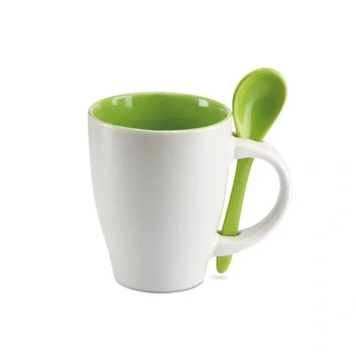 Taza de cerámica bicolor con cuchara a juego ref MO7344 - Front Verde