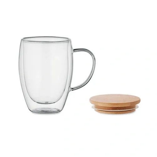 Taza de vidrio borosilicato doble pared con asa y bambú ref MO2199 - Back Transparente