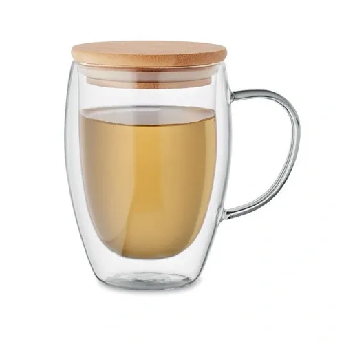Taza de vidrio borosilicato doble pared con asa y bambú ref MO2199 - Open Transparente