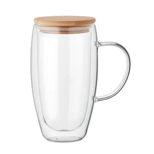 Taza de Doble Pared 450ml con Asa y Tapa de Bambú ref MO2673 - Transparente