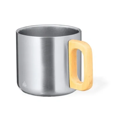 Taza de doble pared en acero reciclado con asa de madera ref GA32 - Plata