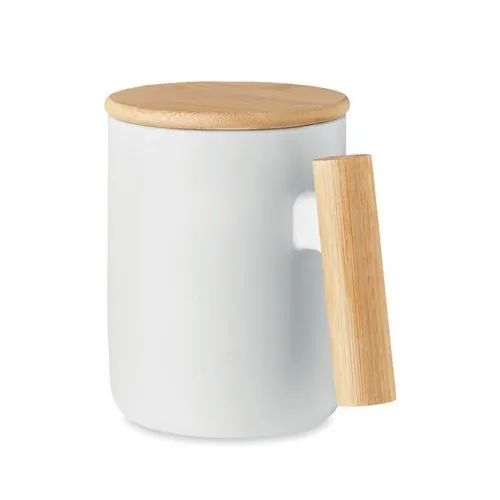Taza de porcelana con tapa y asa de bambú ref MO6781 - Blanco