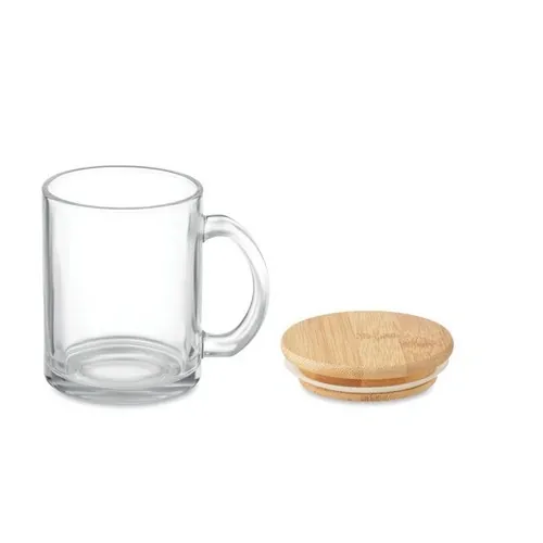 Taza de vidrio reciclado con tapa de bambú ref MO2091 - Back Transparente