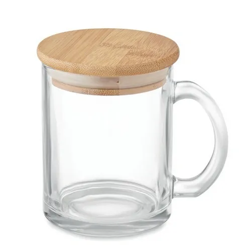Taza de vidrio reciclado con tapa de bambú ref MO2091 - Front Transparente