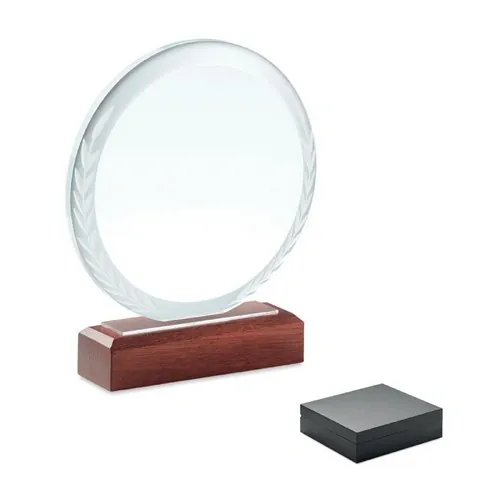 Trofeo de cristal redondo con base de madera ref MO6586