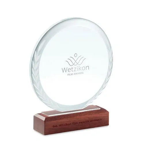 Trofeo de cristal redondo con base de madera ref MO6586