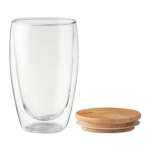 Vaso de cristal borosilicato doble capa tapa bambú ref MO9721 - Open Transparente