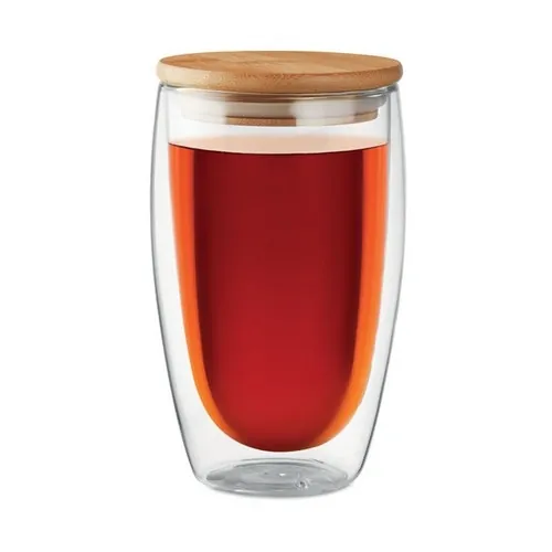 Vaso de cristal borosilicato doble capa tapa bambú ref MO9721 - Top Transparente