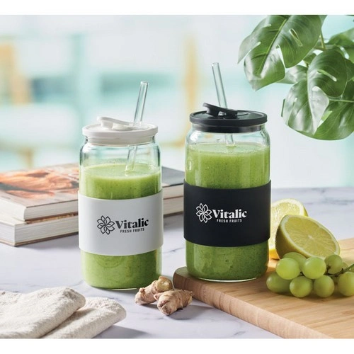Vaso alto de vidrio borosilicato con tapa y pajita ref MO2506