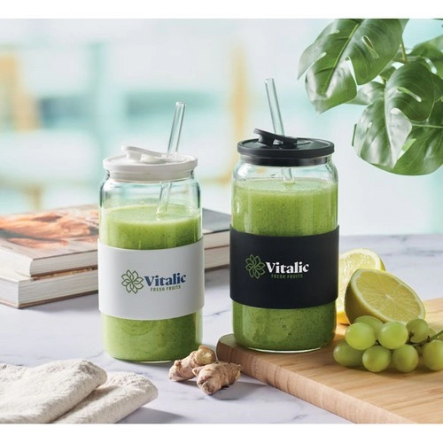 Vaso alto de vidrio borosilicato con tapa y pajita ref MO2506