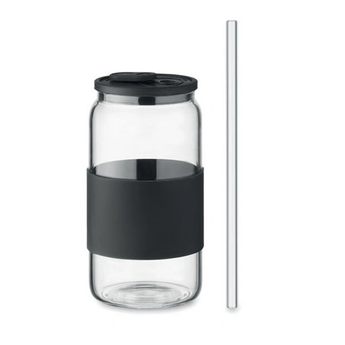 Vaso alto de vidrio borosilicato con tapa y pajita ref MO2506